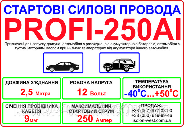 Провода для прикуривания PROFI 250 А - 2,5 м., стартовые пусковые провода для автомобиля детальная фотка