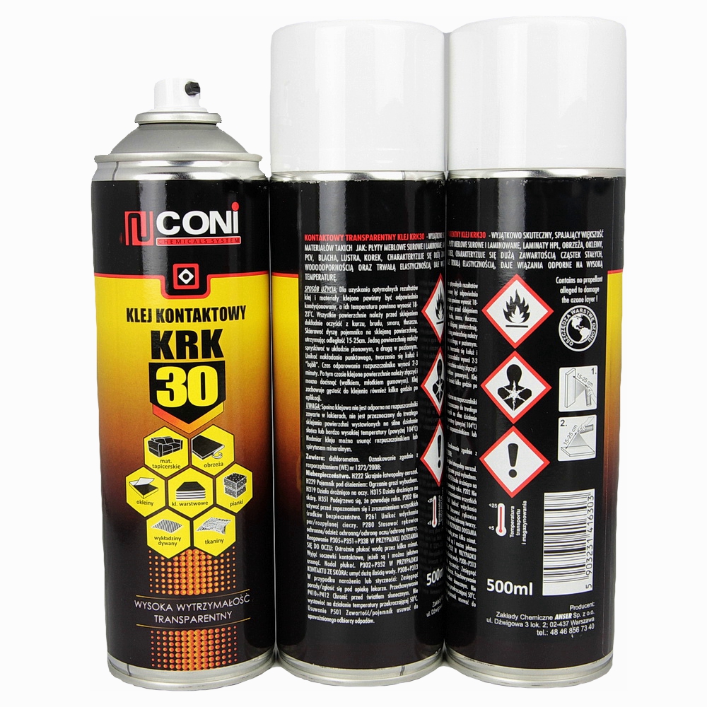 Аэрозольный термостойкий клей CONI KRK 30 (до 125°C) для ткани, карпета, ковролина, кожзама, 500мл Польша детальная фотка