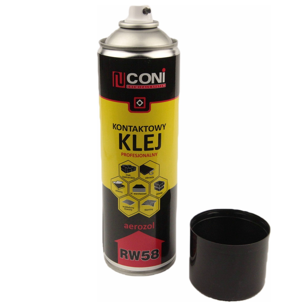 Аэрозольный контактный клей CONI RW58 для ткани, карпета, ковролина, резины, войлока, 500мл Польша детальная фотка