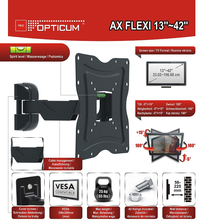 Кронштейн TV OPTICUM AX FLEXI 42 13"-42" VESA 200x200 кріплення для телевізора (LCD, LED) на стіну детальна фотка