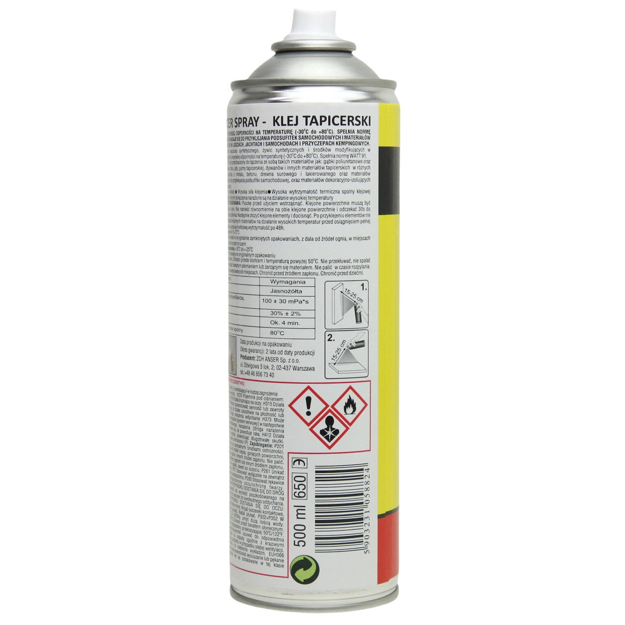 Аэрозольный клей Tapicer HT (от -30˚C до +80˚C) для авто потолков, боковых панелей, стоек, Польша 500мл детальная фотка
