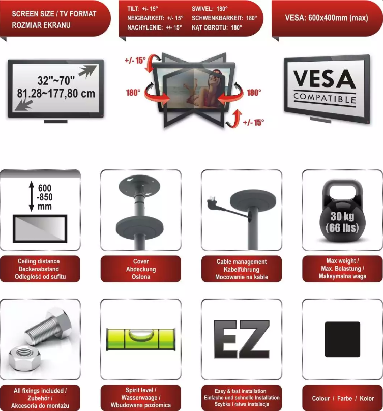 Кронштейн TV Red Eagle CINEMA PLUS 32"-70" кріплення для телевізора, монітора стельове детальна фотка